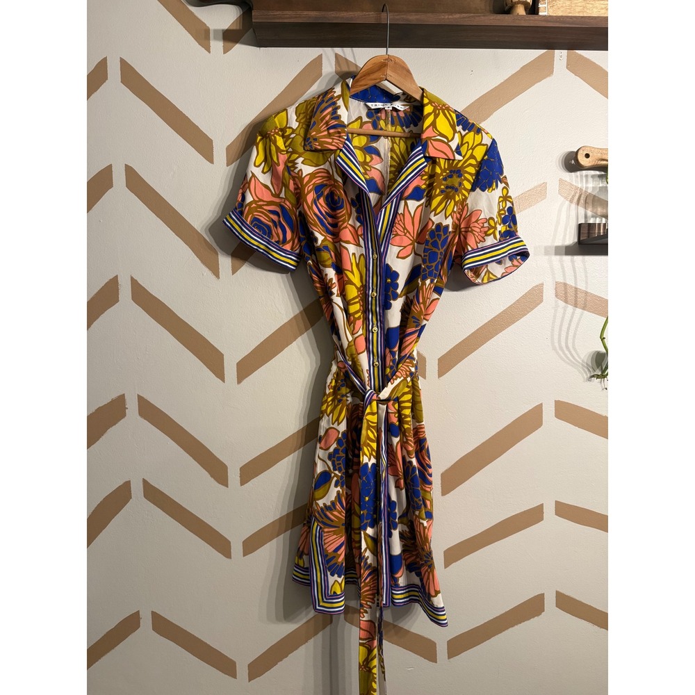 Trina Turk Shirt Dress Womens 8 Multicolor Floral Silk Belted Mini Mod 121331‎